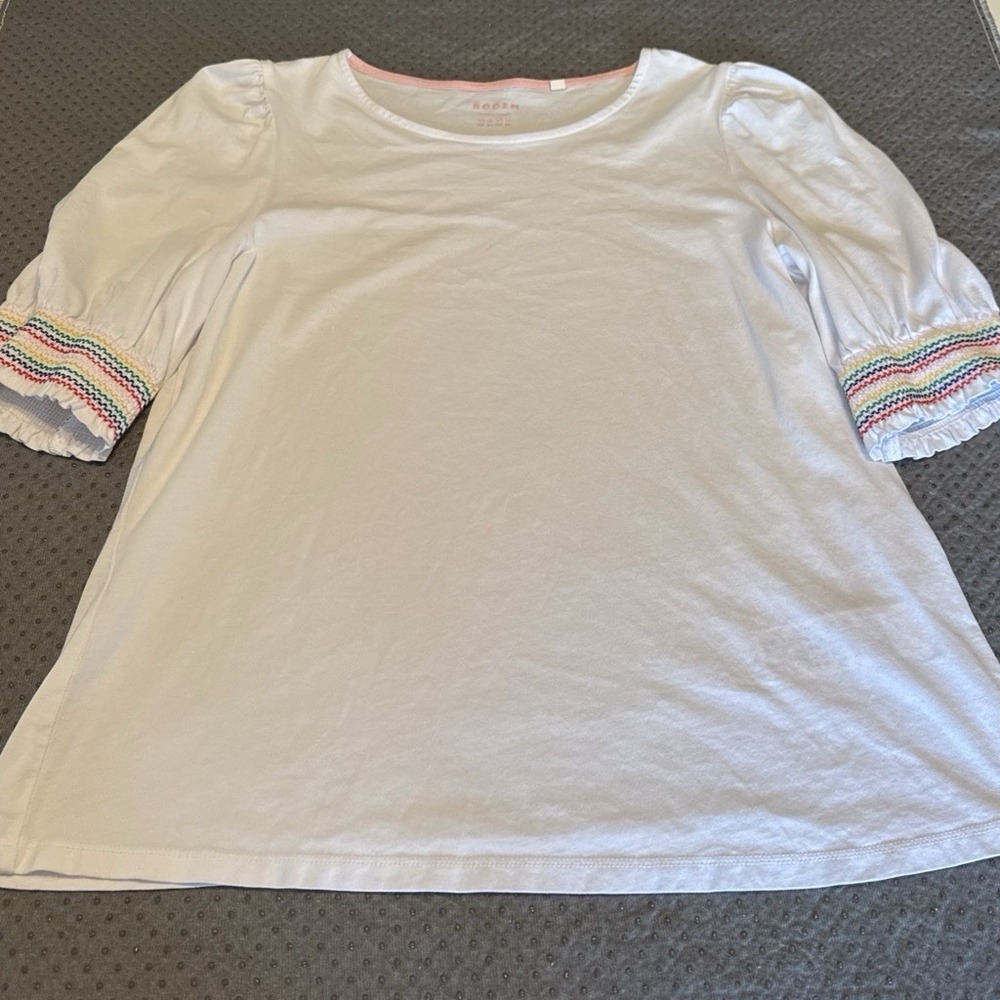 Boden Women's White Puff Sleeve Knit T-Shirt Smocked Multicolor Cuffs US 14‎